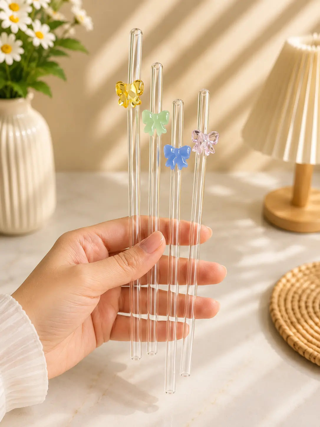 4 Piece Reusable Glass Straw Set with Bow Charms & Cleaning Brush