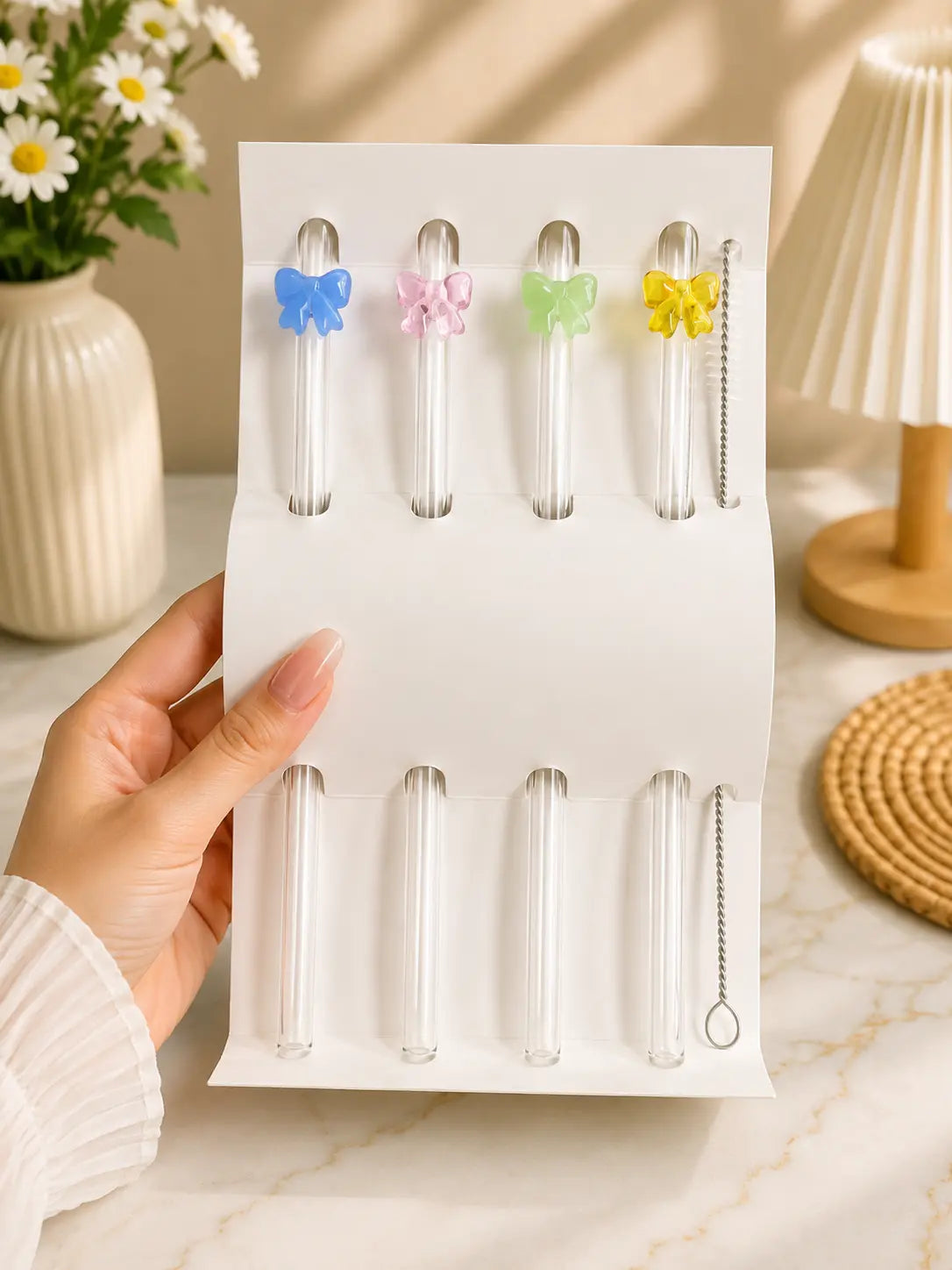 4 Piece Reusable Glass Straw Set with Bow Charms & Cleaning Brush