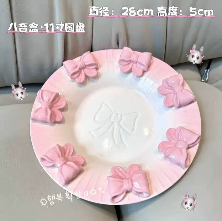 Handmade Pink Bow Ceramic Dinnerware Coquette Princess Dessert Plates Kawaii Aesthetic Tableware Gift Set