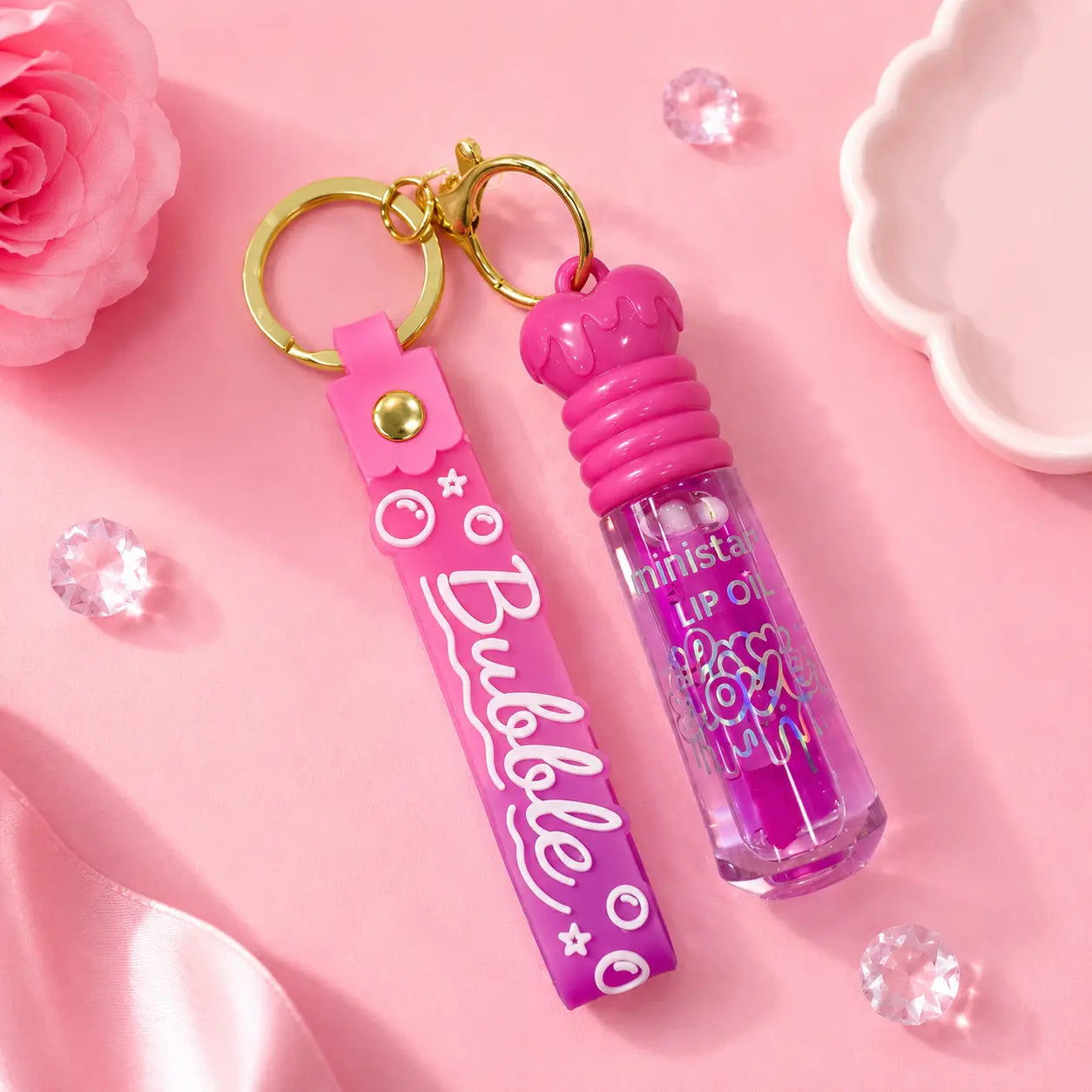 Cute Keychain Lip Oil with Silicone Strap