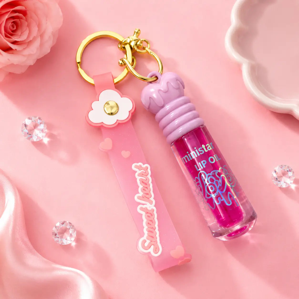 Cute Keychain Lip Oil with Silicone Strap