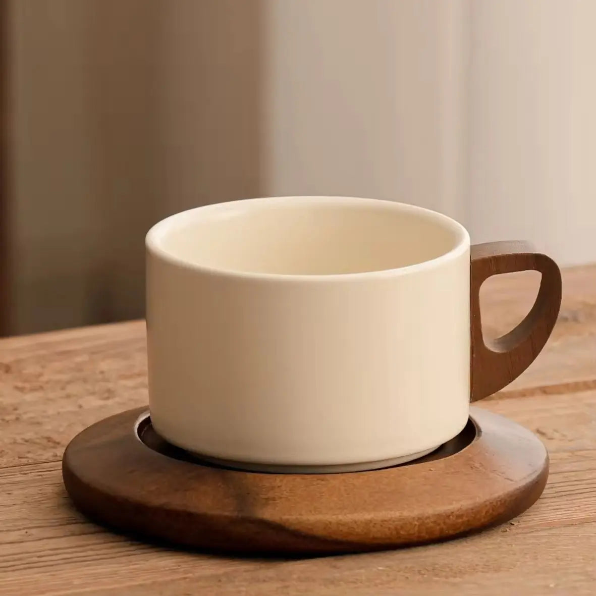 Minimalist Ceramic Cup with Wooden Saucer Sparkels  Sparkels