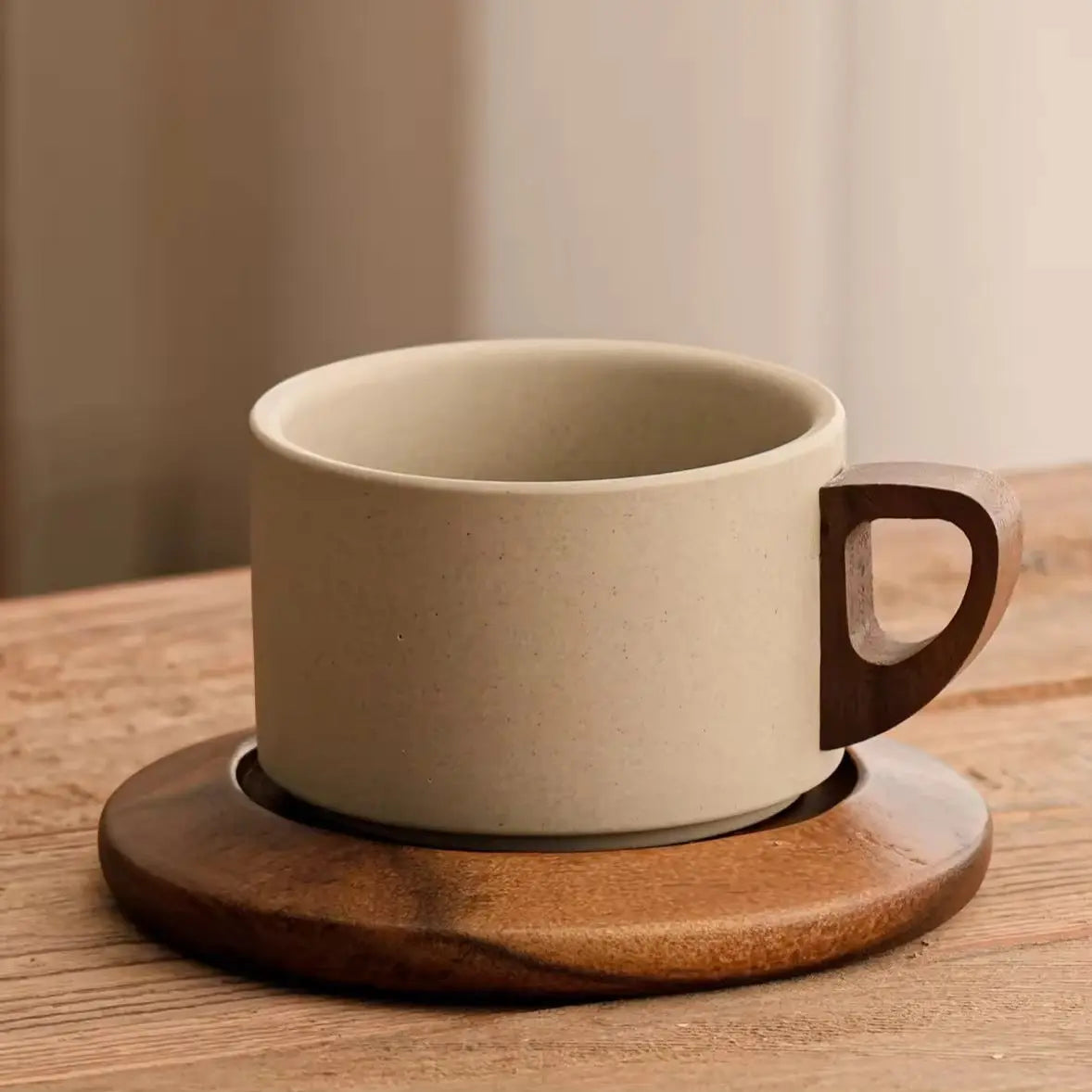 Minimalist Ceramic Cup with Wooden Saucer Sparkels  Sparkels