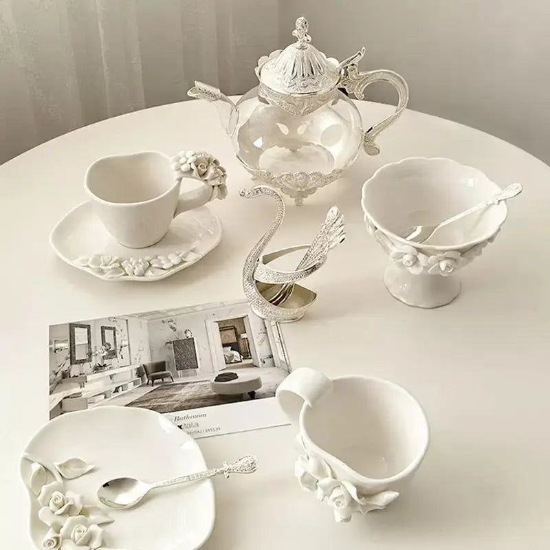 Ivory Rose Sculpted Ceramic Cup & Saucer Sparkels  Sparkels