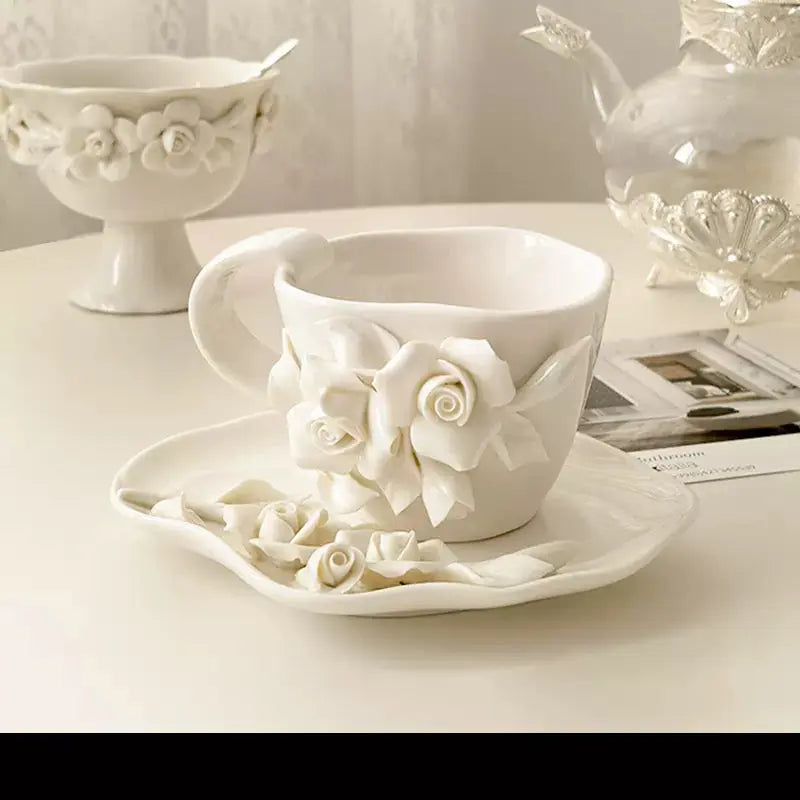Ivory Rose Sculpted Ceramic Cup & Saucer Sparkels  Sparkels