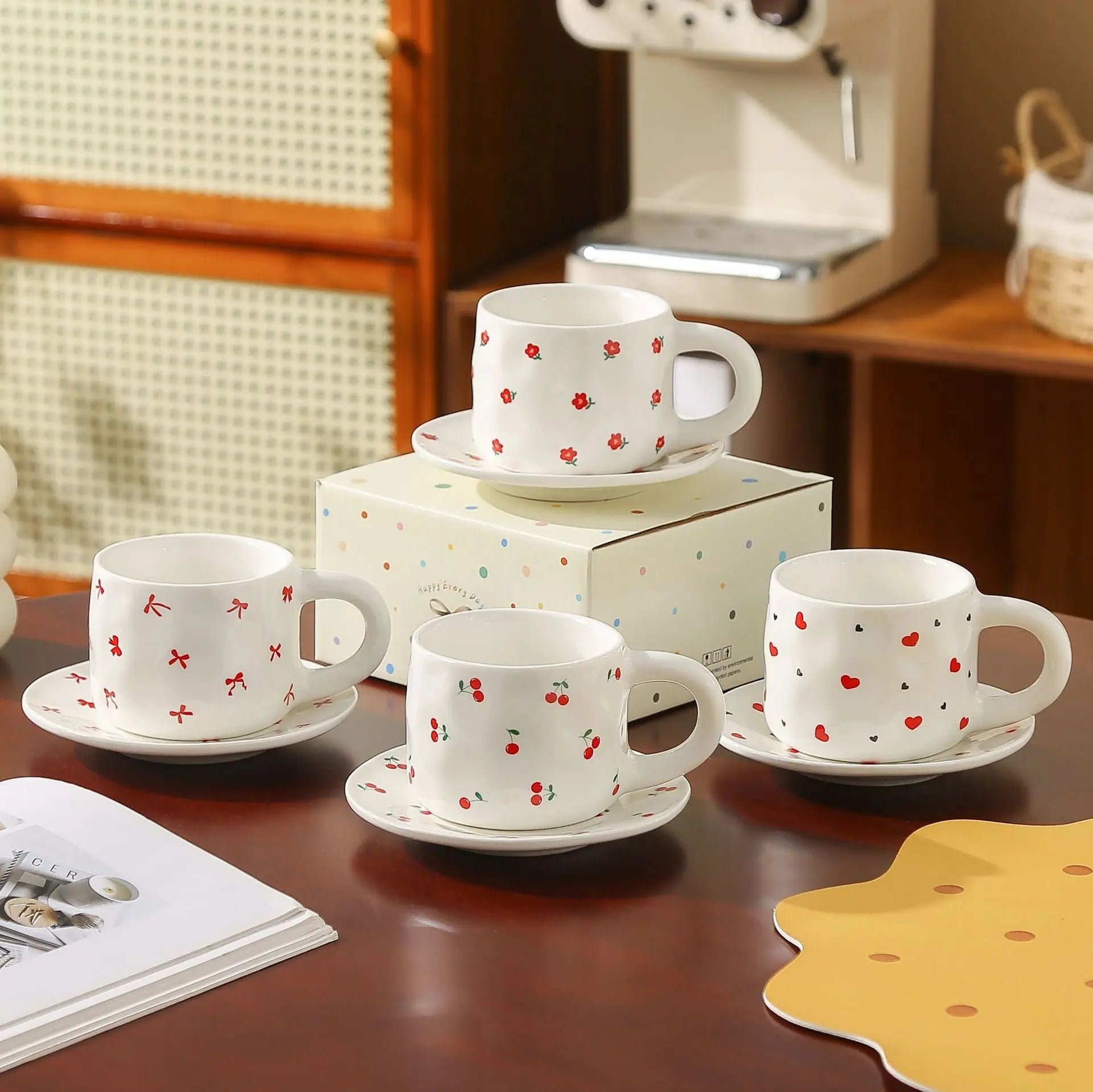 Cherry & Heart Pattern Ceramic Cup Set Sparkels  Sparkels