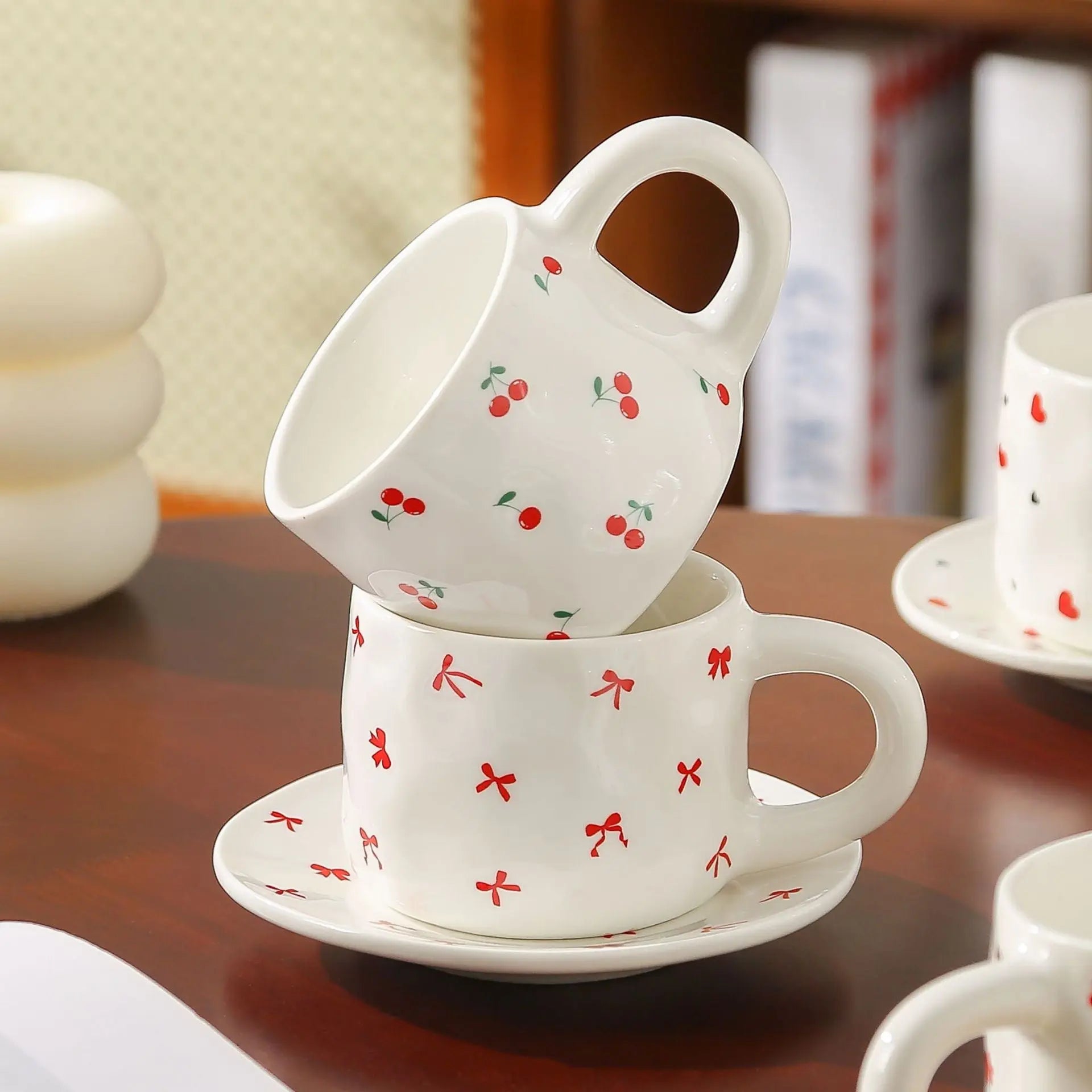 Cherry & Heart Pattern Ceramic Cup Set Sparkels  Sparkels
