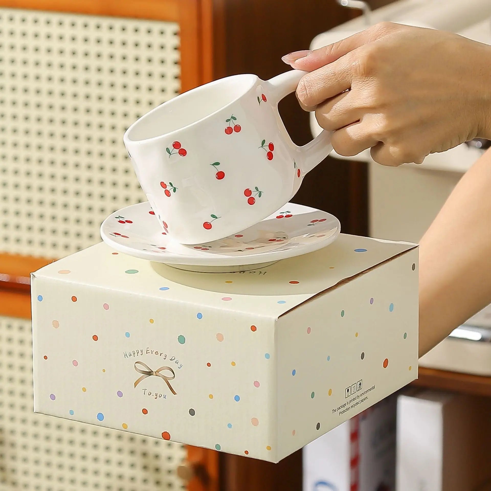 Cherry & Heart Pattern Ceramic Cup Set Sparkels  Sparkels