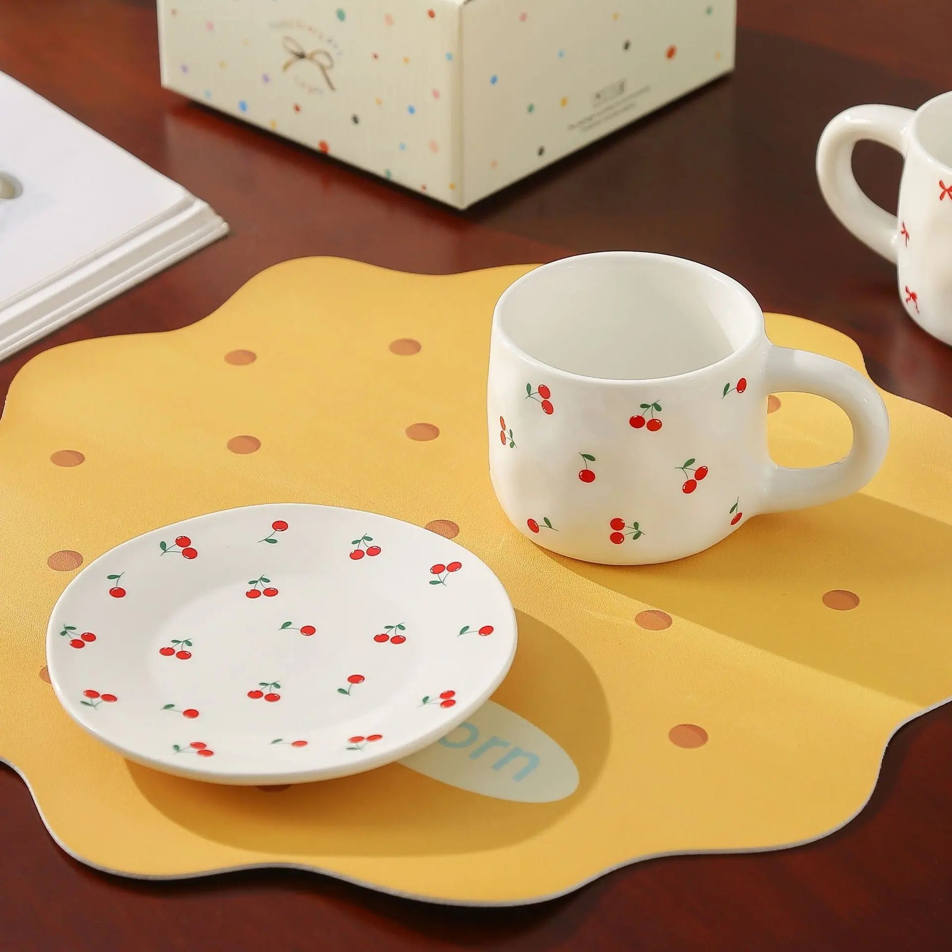 Cherry & Heart Pattern Ceramic Cup Set Sparkels  Sparkels