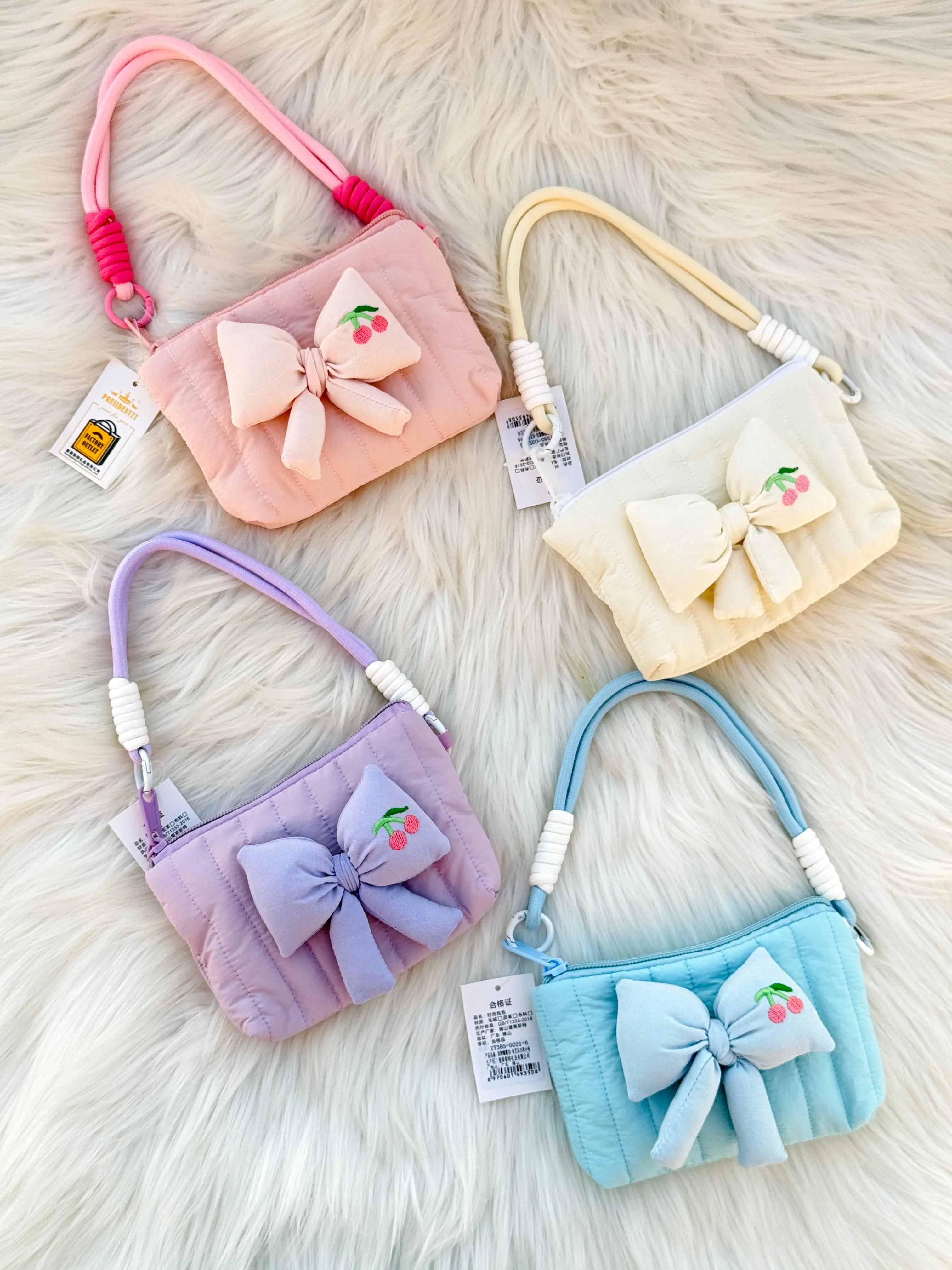 Cute Pastel Bow Mini Handbag with Cherry Embroidery Sparkels  Sparkels