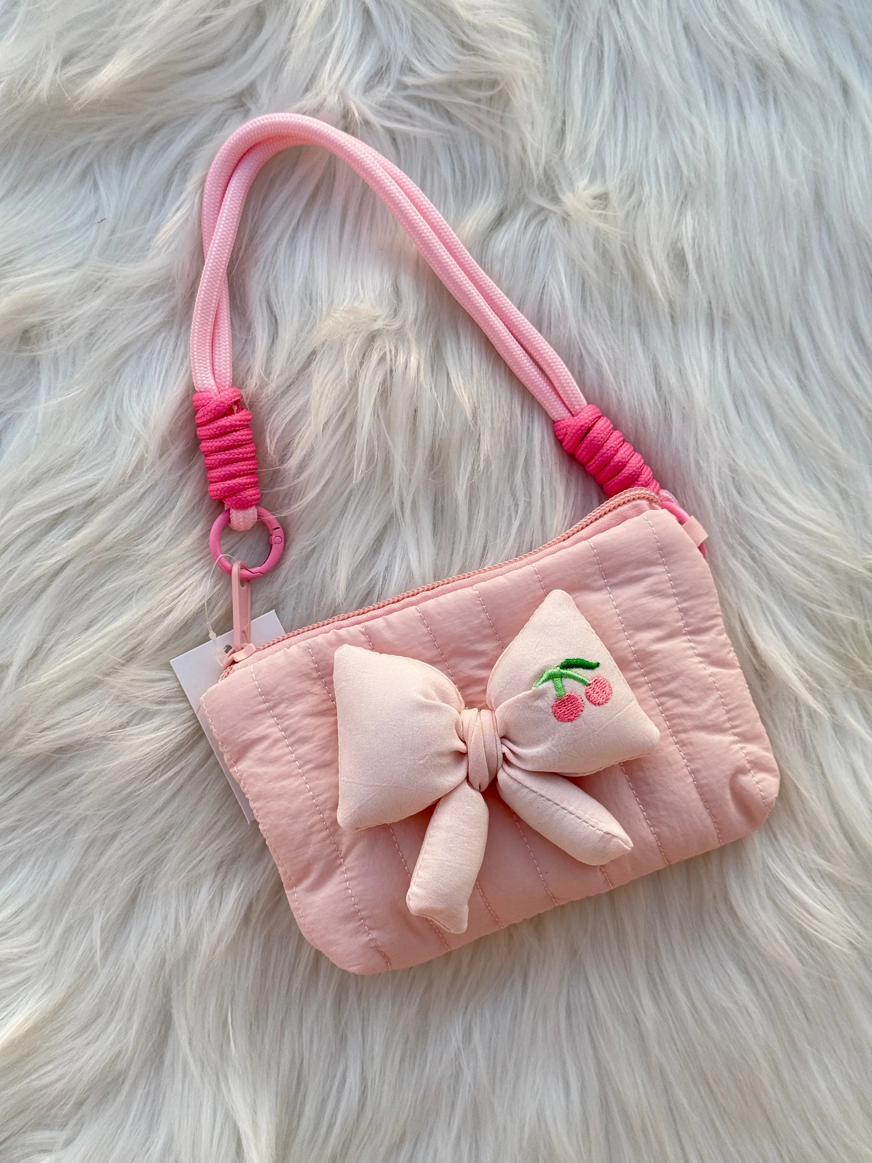 Cute Pastel Bow Mini Handbag with Cherry Embroidery Sparkels  Sparkels