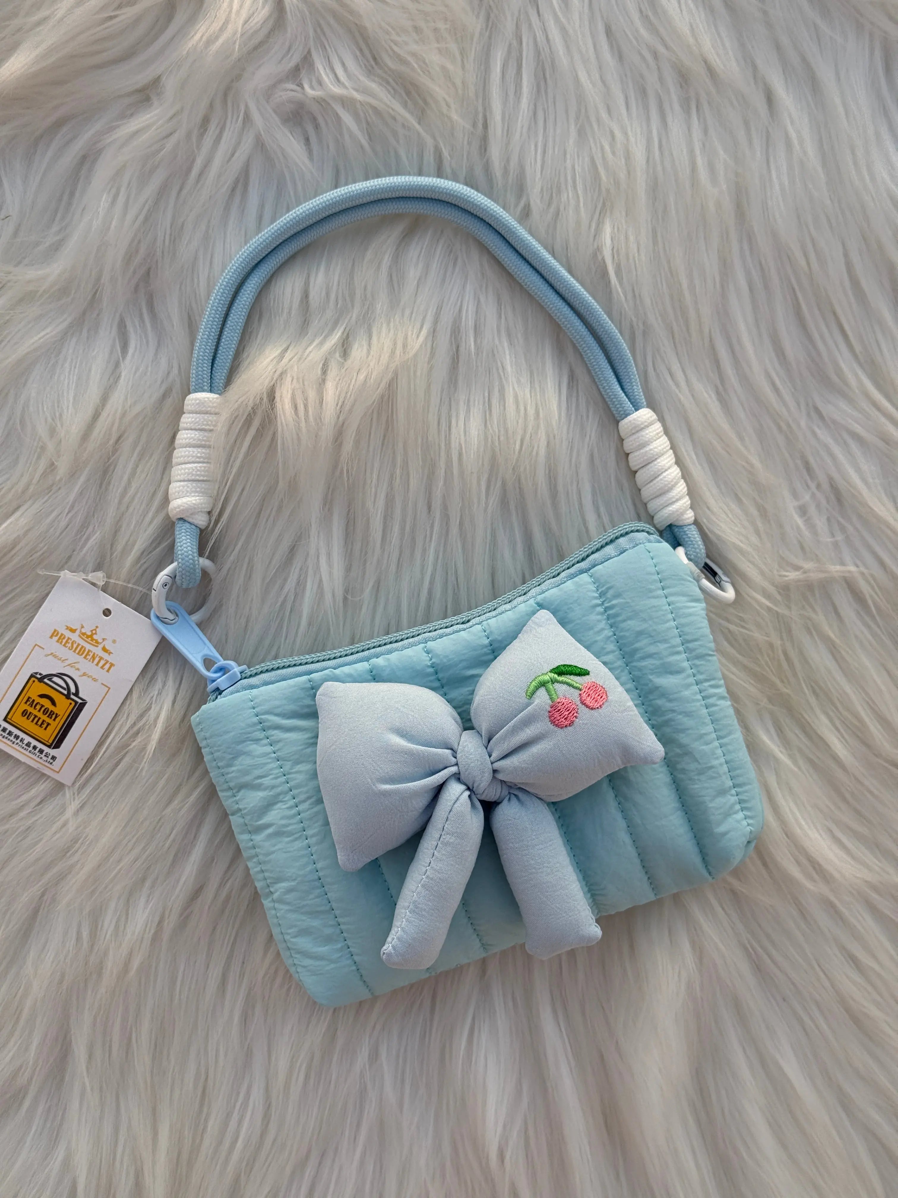 Cute Pastel Bow Mini Handbag with Cherry Embroidery Sparkels  Sparkels