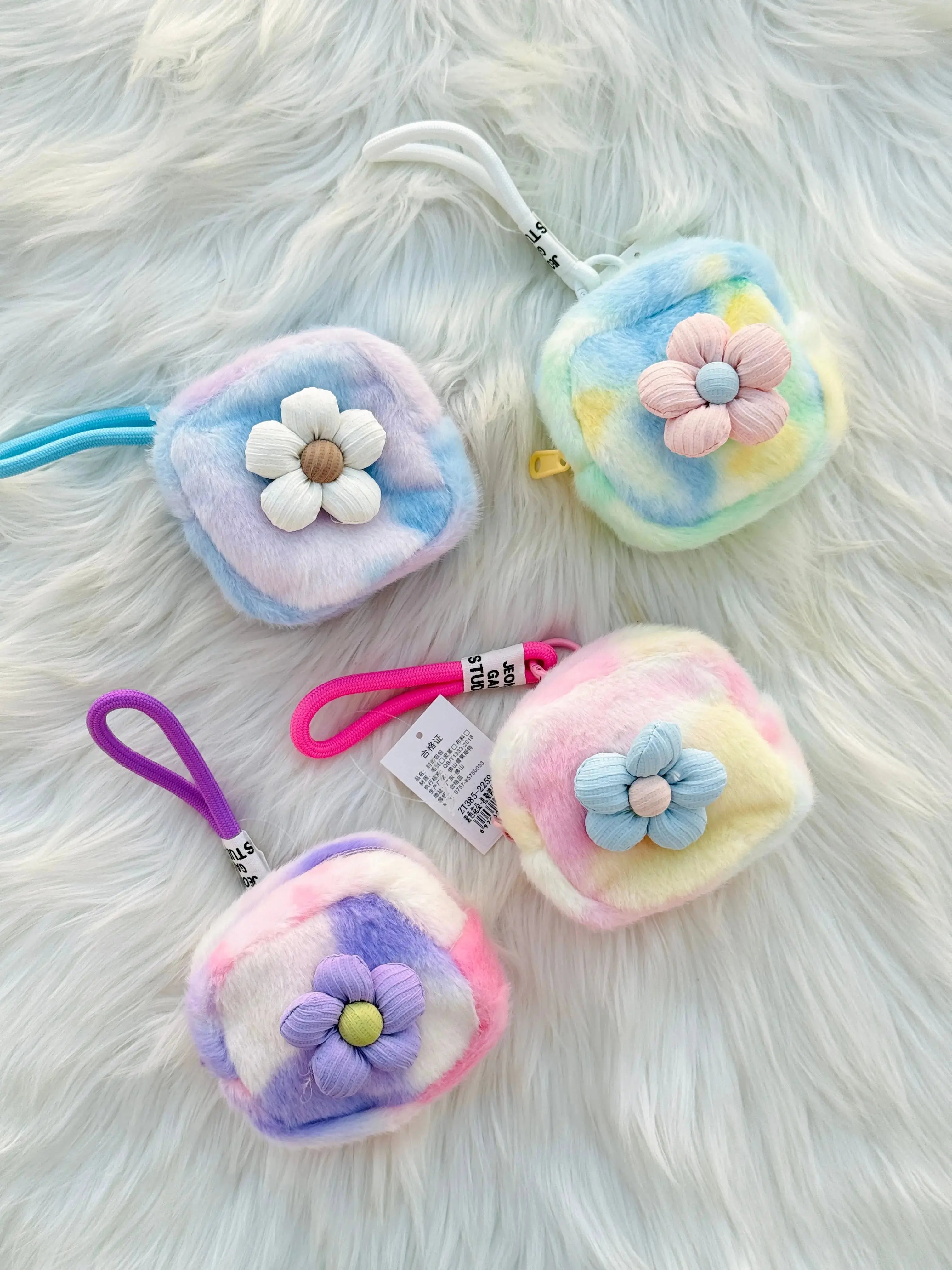 Cute Pastel Fluffy Coin Pouch with Flower Sparkels  Sparkels