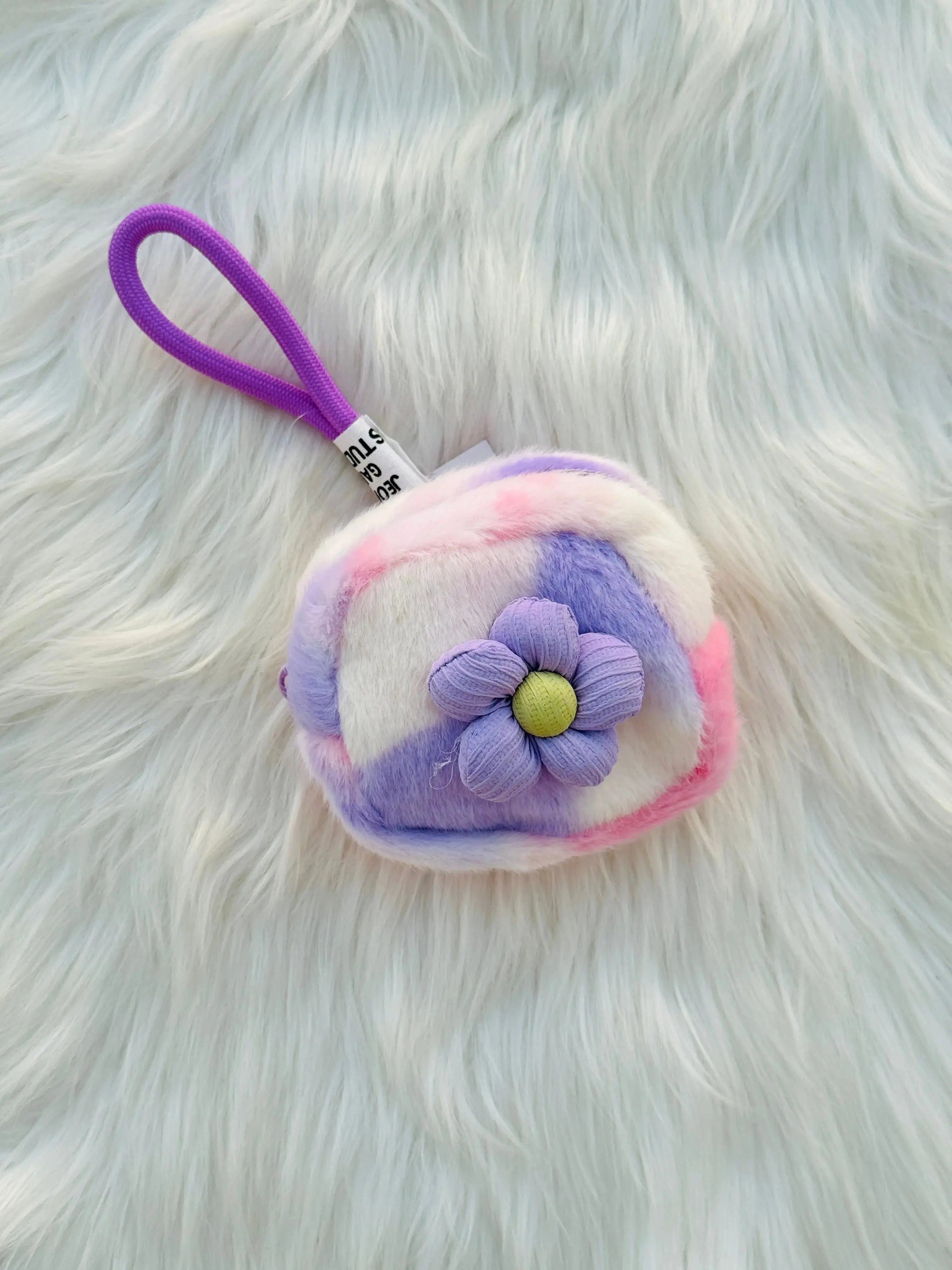 Cute Pastel Fluffy Coin Pouch with Flower Sparkels  Sparkels