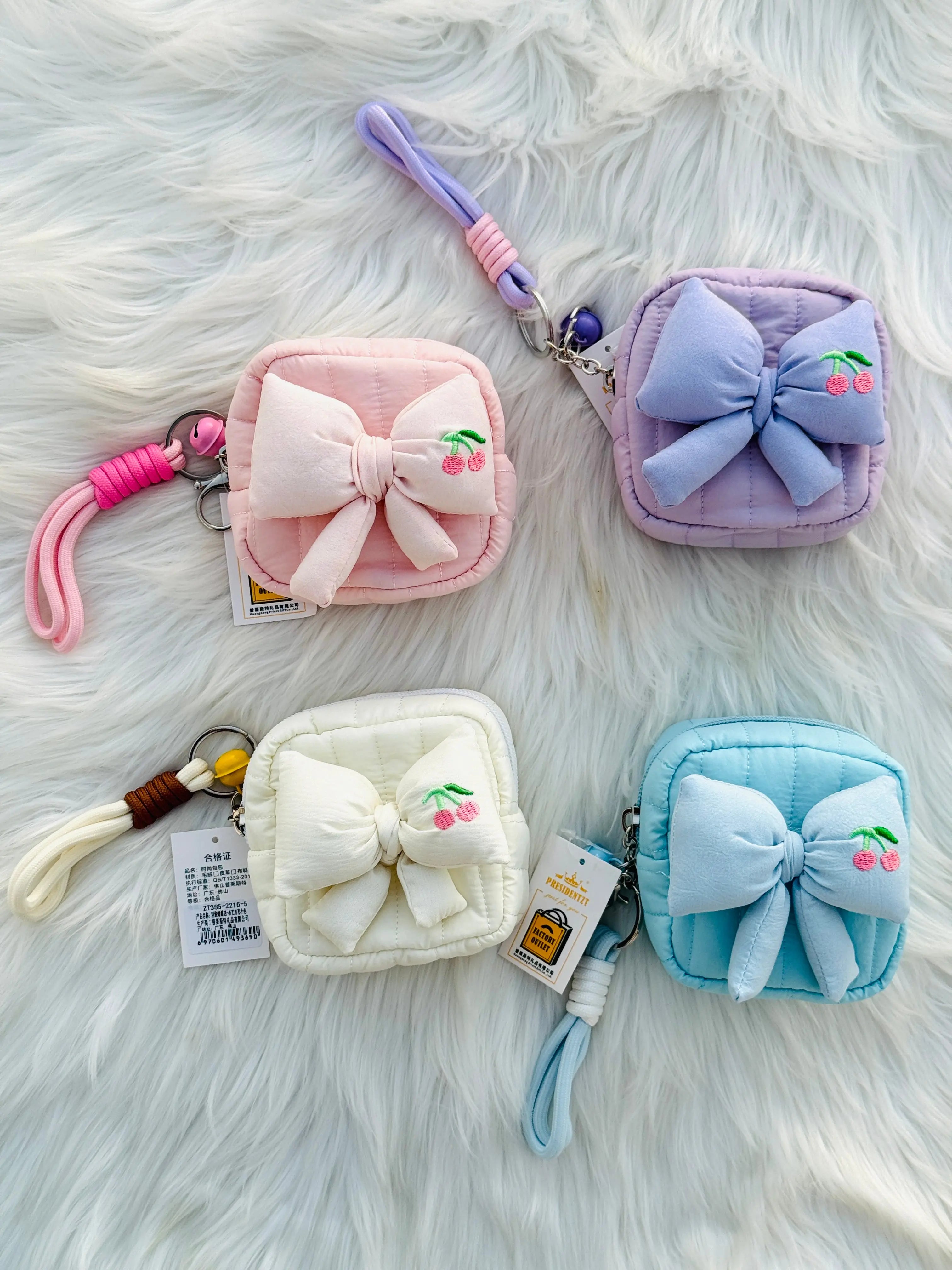 Cute Pastel Bow Coin Pouch with Cherry Embroidery Sparkels  Sparkels