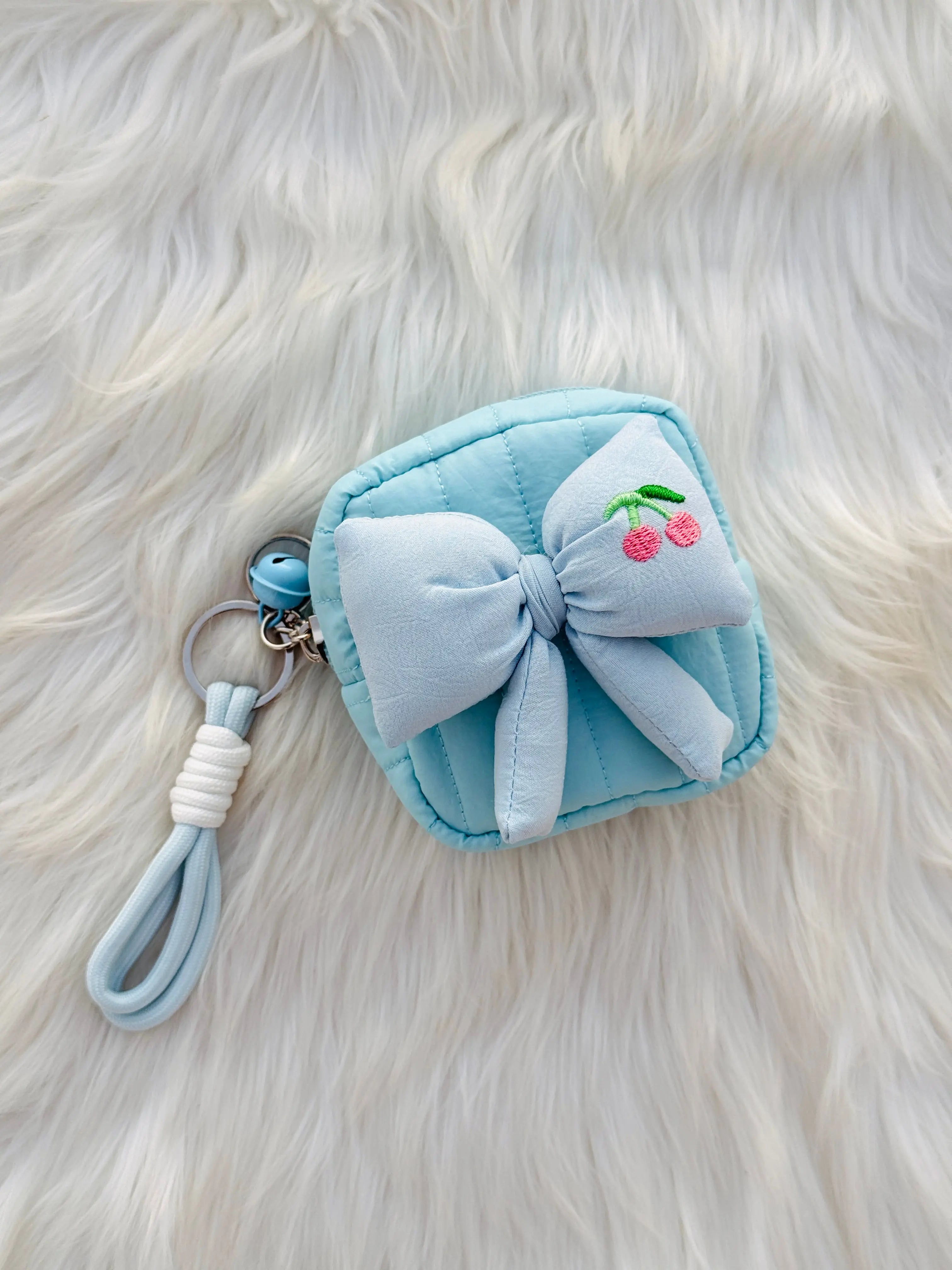 Cute Pastel Bow Coin Pouch with Cherry Embroidery Sparkels  Sparkels