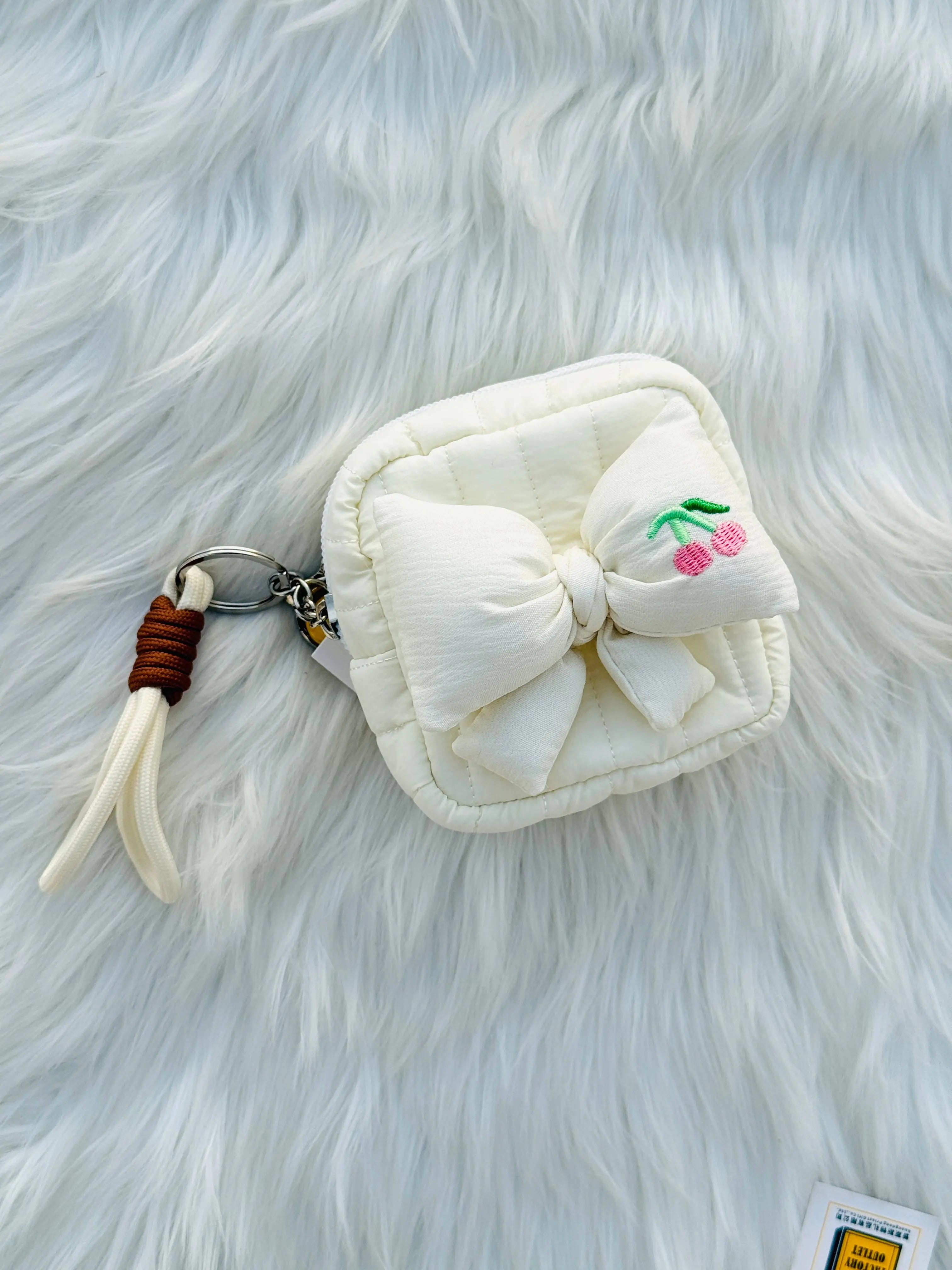 Cute Pastel Bow Coin Pouch with Cherry Embroidery Sparkels  Sparkels