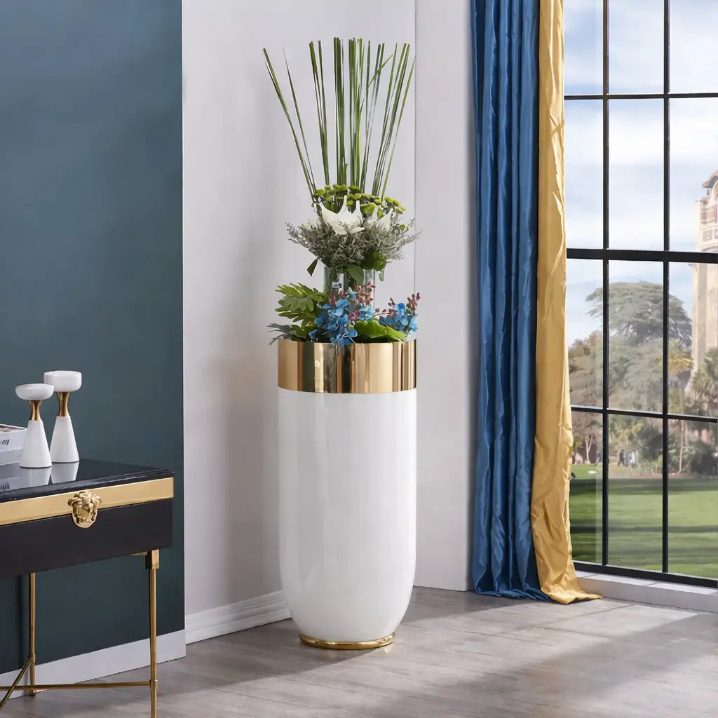 Luxury Gold Rim Tall Planter Modern Decorative Indoor Plant Pot