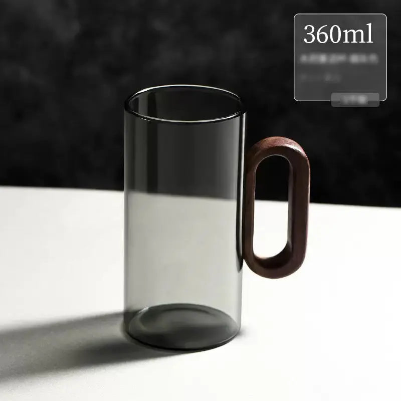 360ml Smoked Glass Coffee Mug with Wooden Handle Modern Clear Tea & Latte Cup