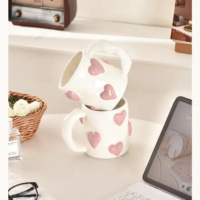 Cute Pink Heart Ceramic Coffee Mug Aesthetic Kawaii Tea & Latte Cup