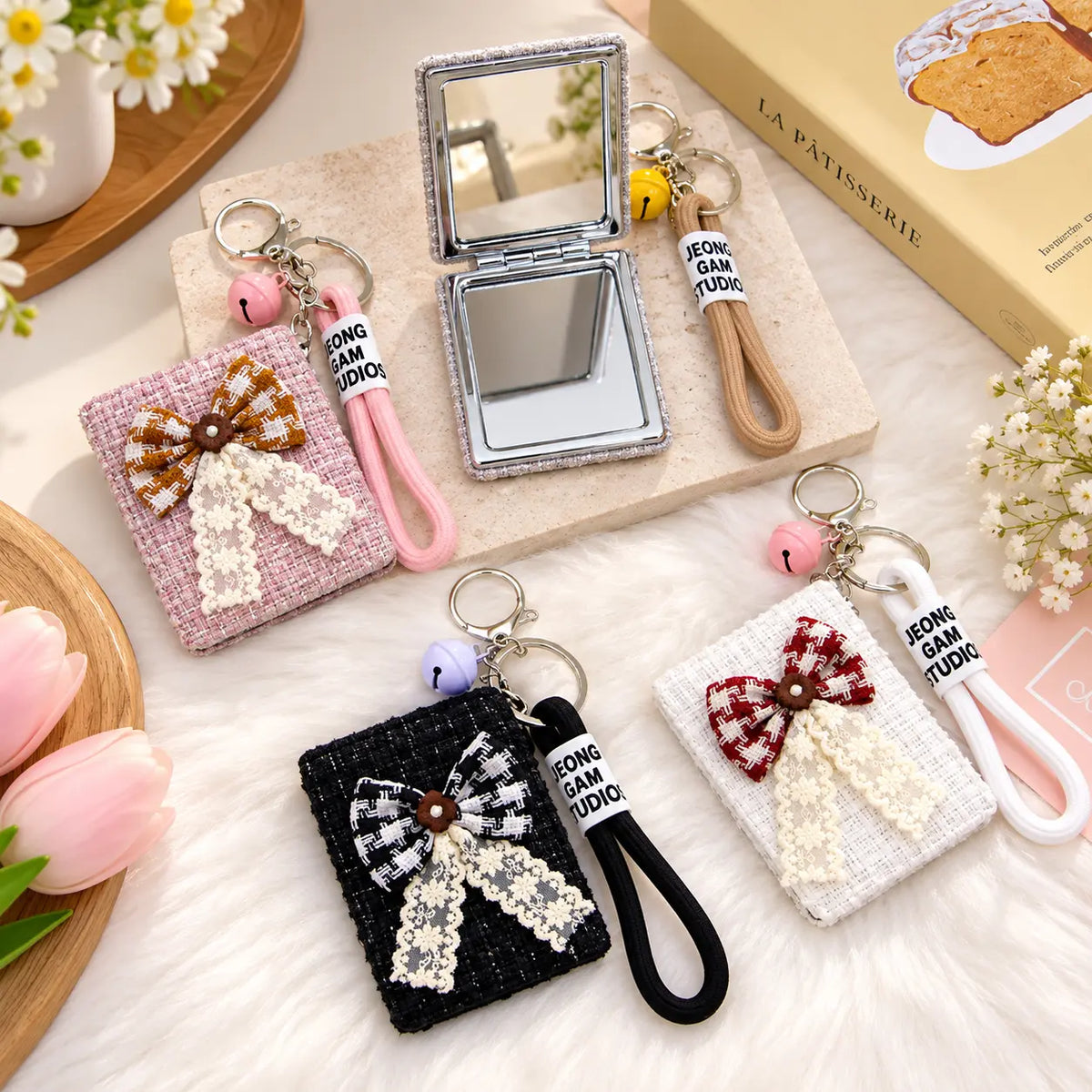 Elegant Bow Compact Mirror Keychain with Wrist Strap