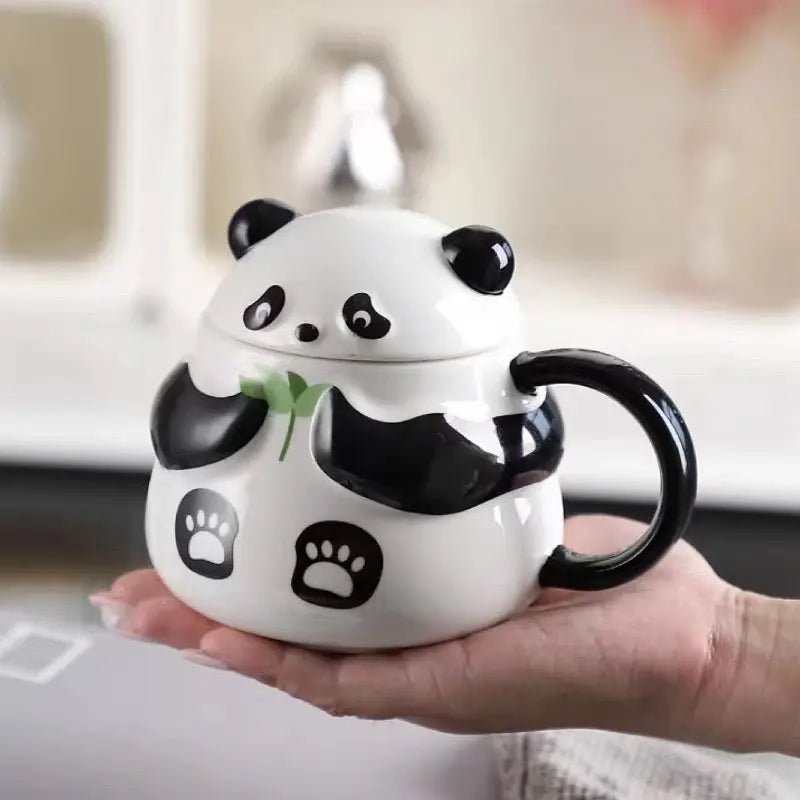Cute Panda Ceramic Mug with Lid Kawaii Panda Coffee & Tea Cup