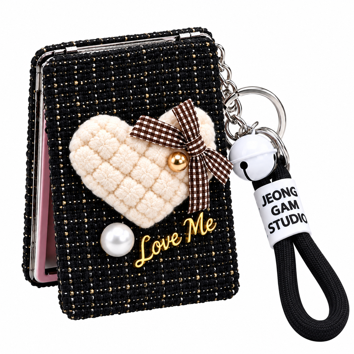 Love Me Heart Compact Mirror Keychain with Wrist Strap