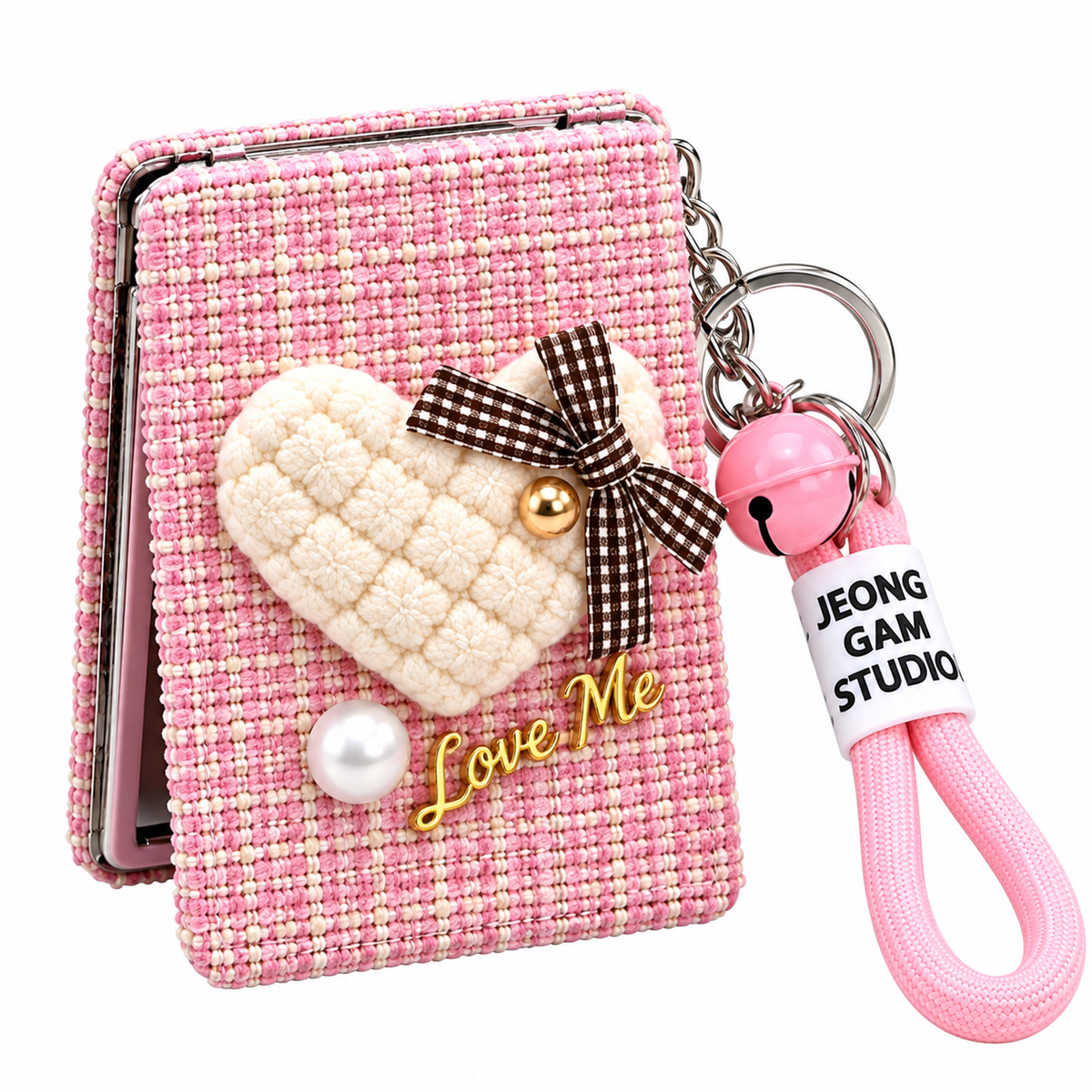 Love Me Heart Compact Mirror Keychain with Wrist Strap