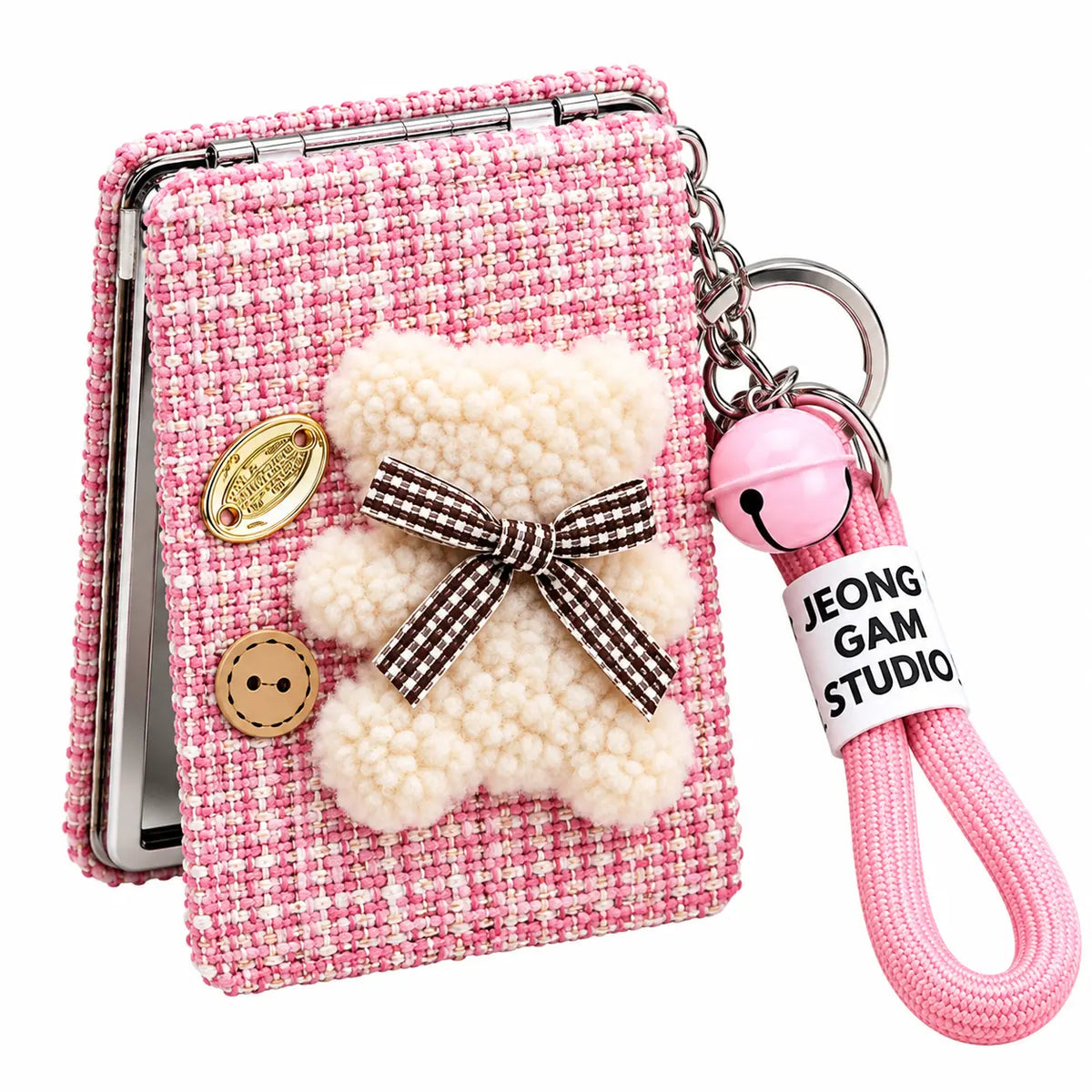 Cute Teddy Bear Compact Mirror Keychain with Wrist Strap