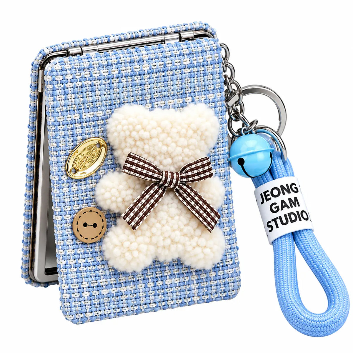 Cute Teddy Bear Compact Mirror Keychain with Wrist Strap
