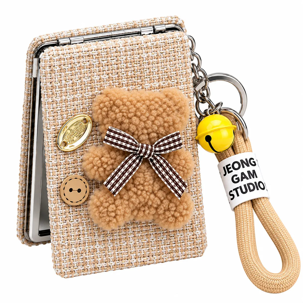 Cute Teddy Bear Compact Mirror Keychain with Wrist Strap