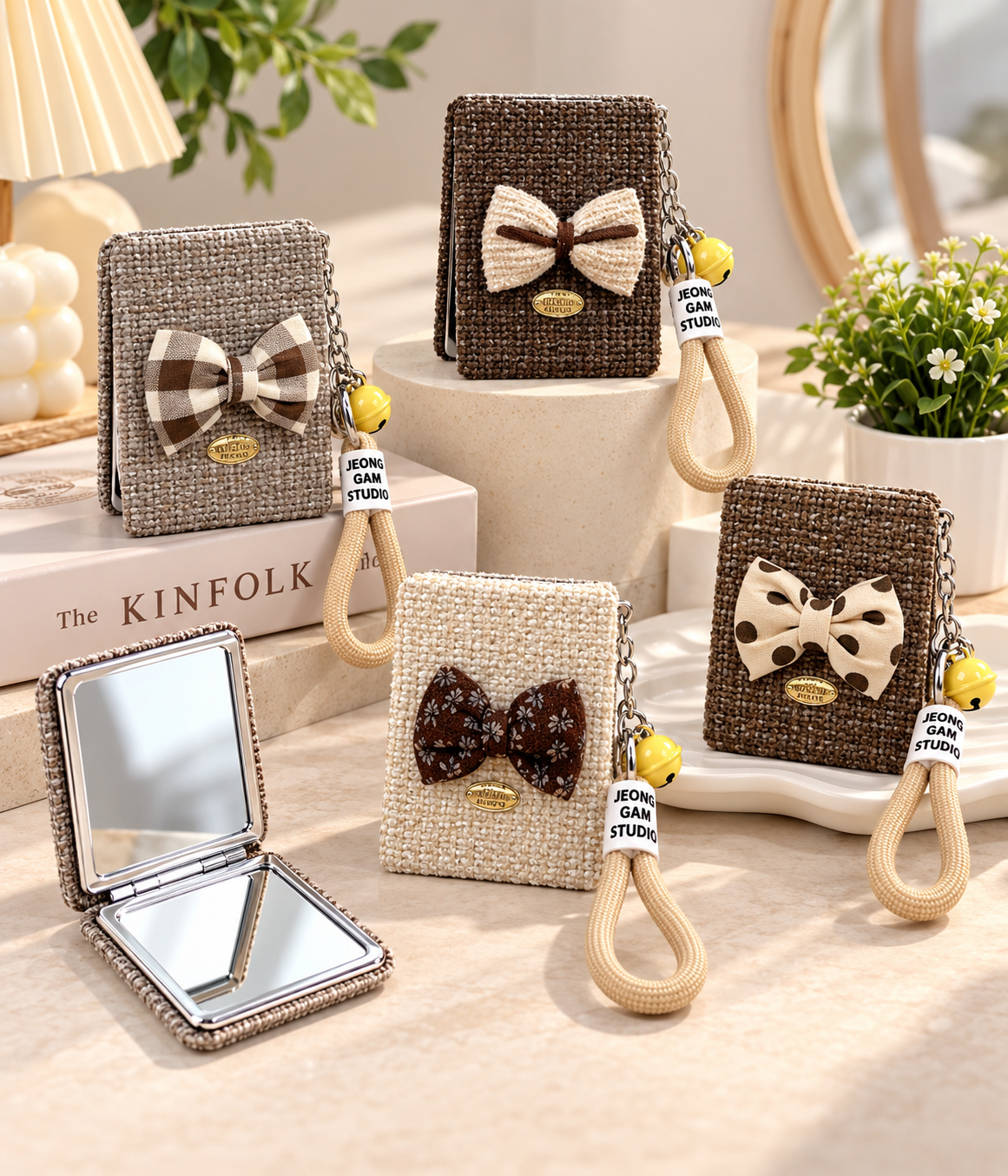 Elegant Bow Compact Mirror Keychain with Wrist Strap