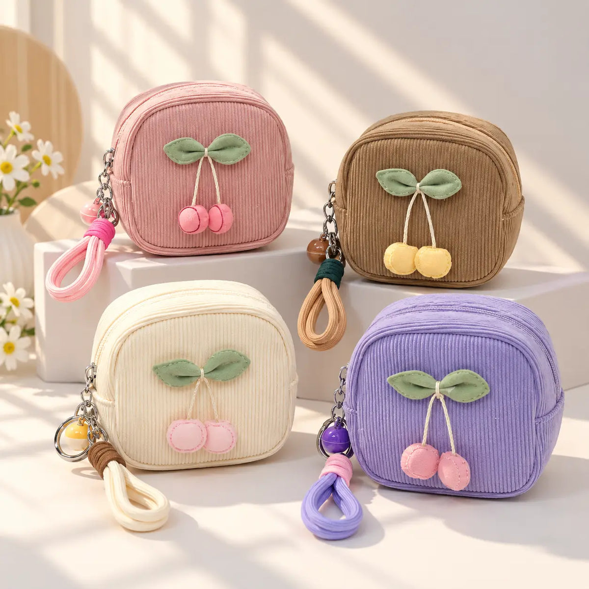 Cute Cherry Corduroy Mini Coin Purse Keychain