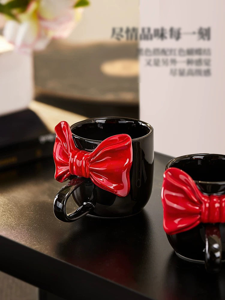 Cute Bow Knot Coffee Mug Aesthetic Ceramic Tea Cup with 3D Ribbon Handle
