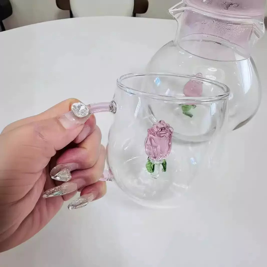 Creative 3D Flower Glass Mug Cute Transparent Coffee & Tea Cup with Colored Handle