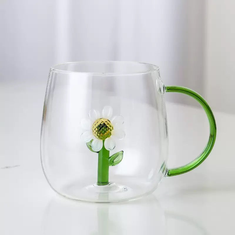 Creative 3D Flower Glass Mug Cute Transparent Coffee & Tea Cup with Colored Handle