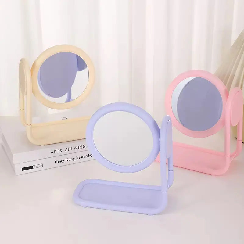 Pastel Rotating Double Sided Round Vanity Mirror with Storage Tray