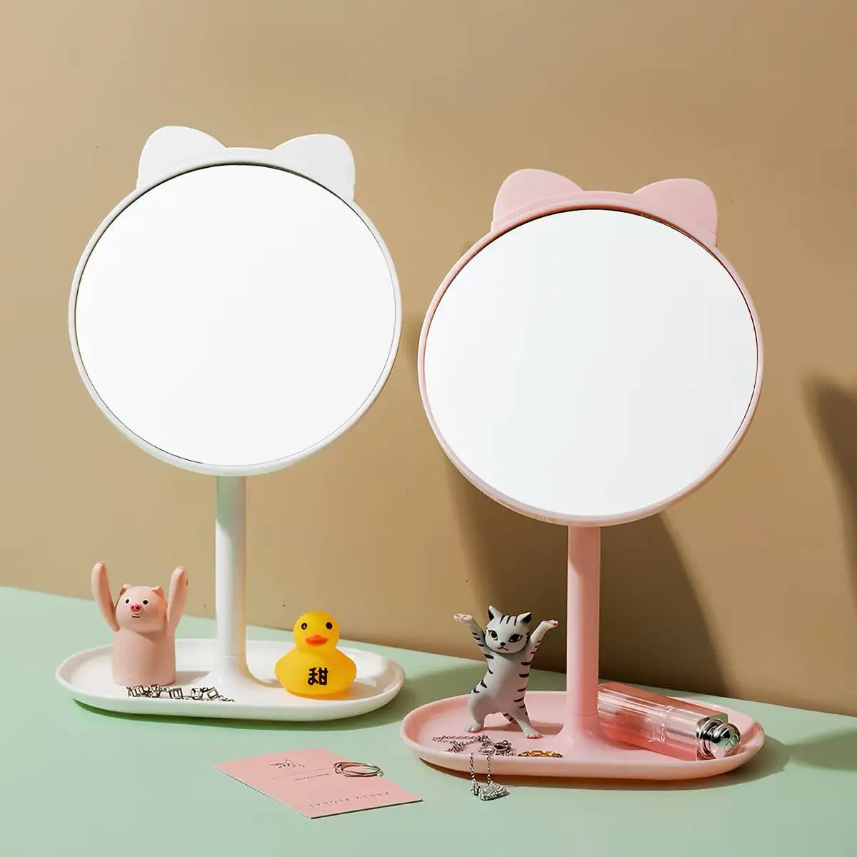 Cute Cat Ear Table Mirror with Hidden Comb & Jewelry Tray