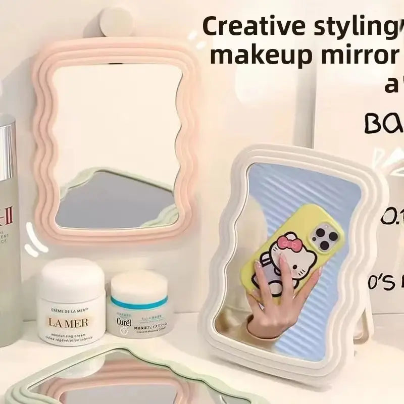 Wavy Frame Table Makeup Mirror with Stand Pastel Vanity Mirror