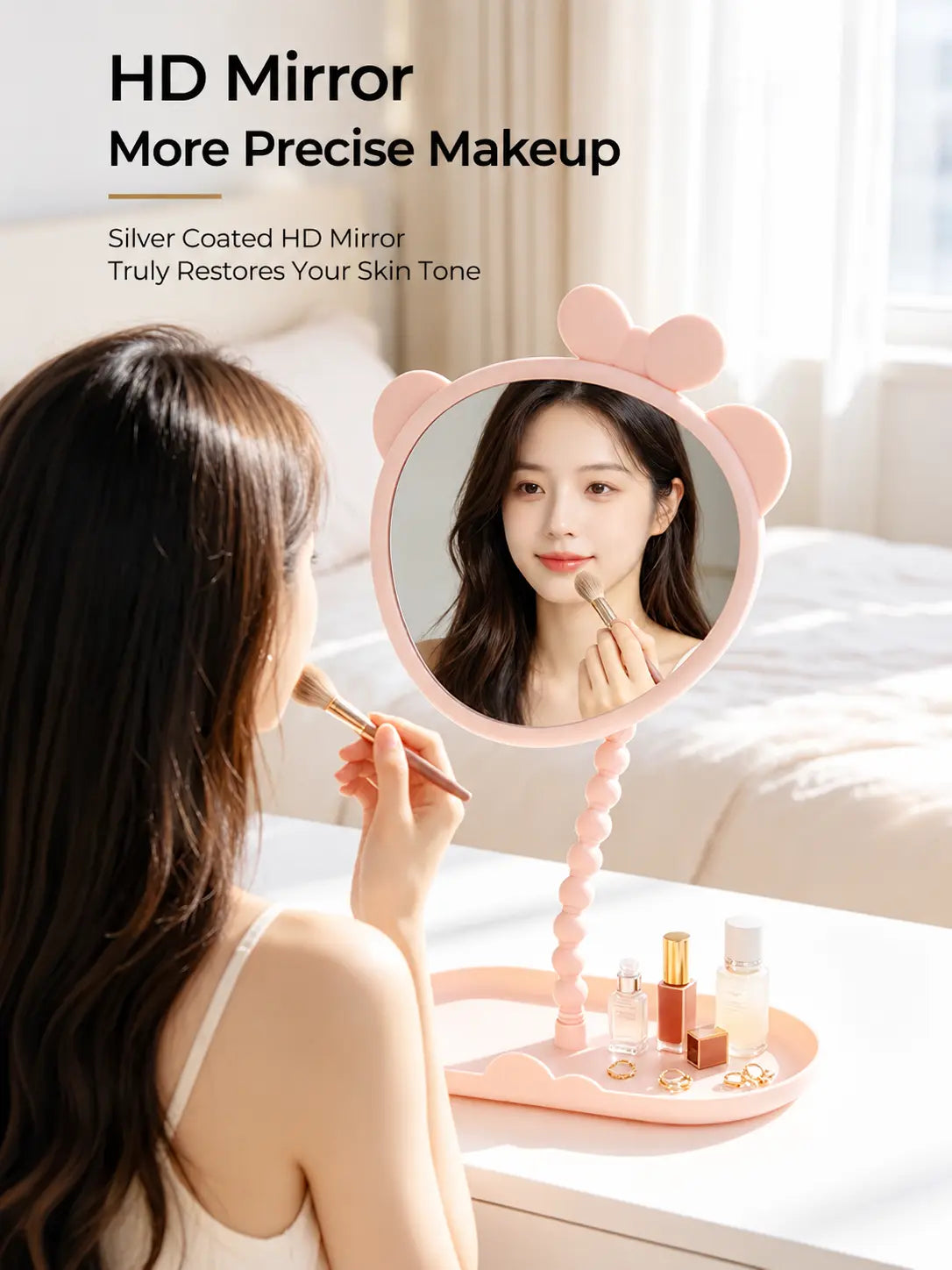 Cute Bow Anti-Fog Table Mirror with Storage Tray