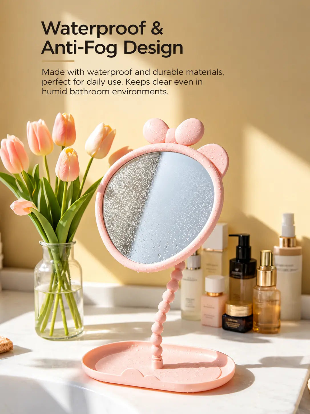 Cute Bow Anti-Fog Table Mirror with Storage Tray