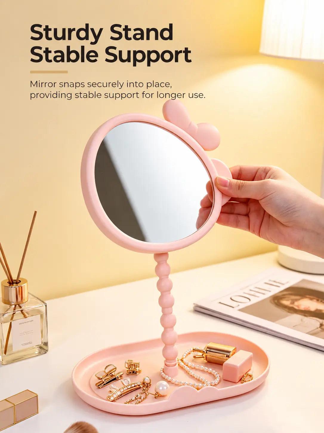 Cute Bow Anti-Fog Table Mirror with Storage Tray