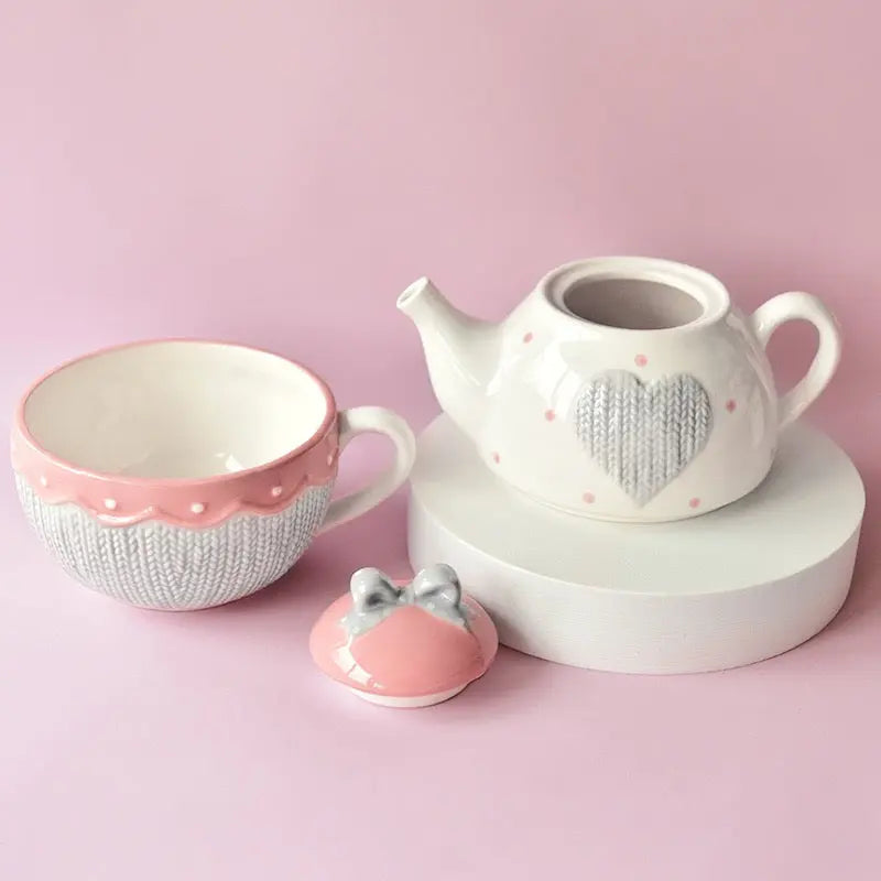 Cute Heart Teapot & Cup Set Kawaii Ceramic Tea Set with Bow Lid