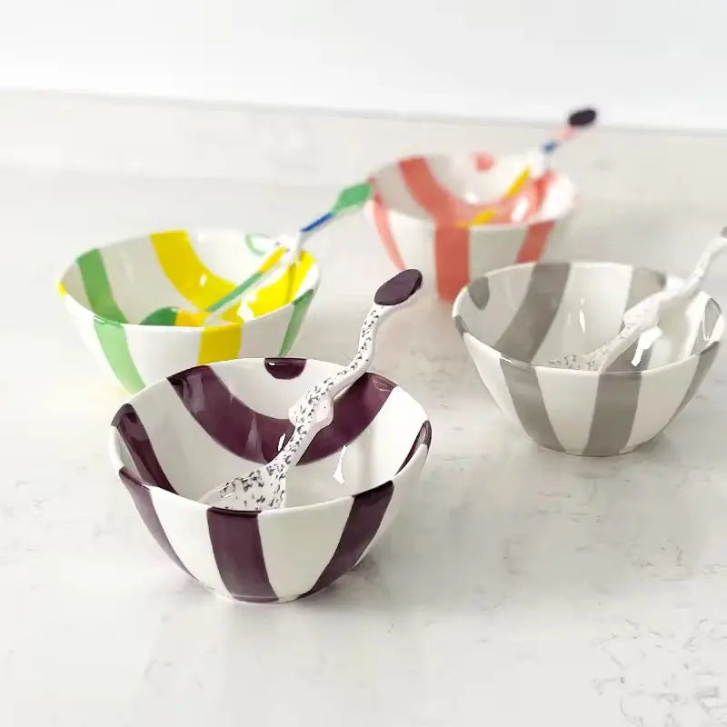 Colorful Striped Ceramic Bowl with Spoon Cute Dessert & Snack Bowl Set Sparkels  Sparkels