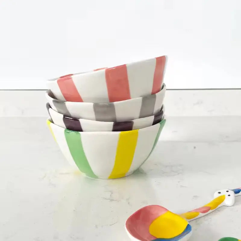 Colorful Striped Ceramic Bowl with Spoon Cute Dessert & Snack Bowl Set Sparkels  Sparkels