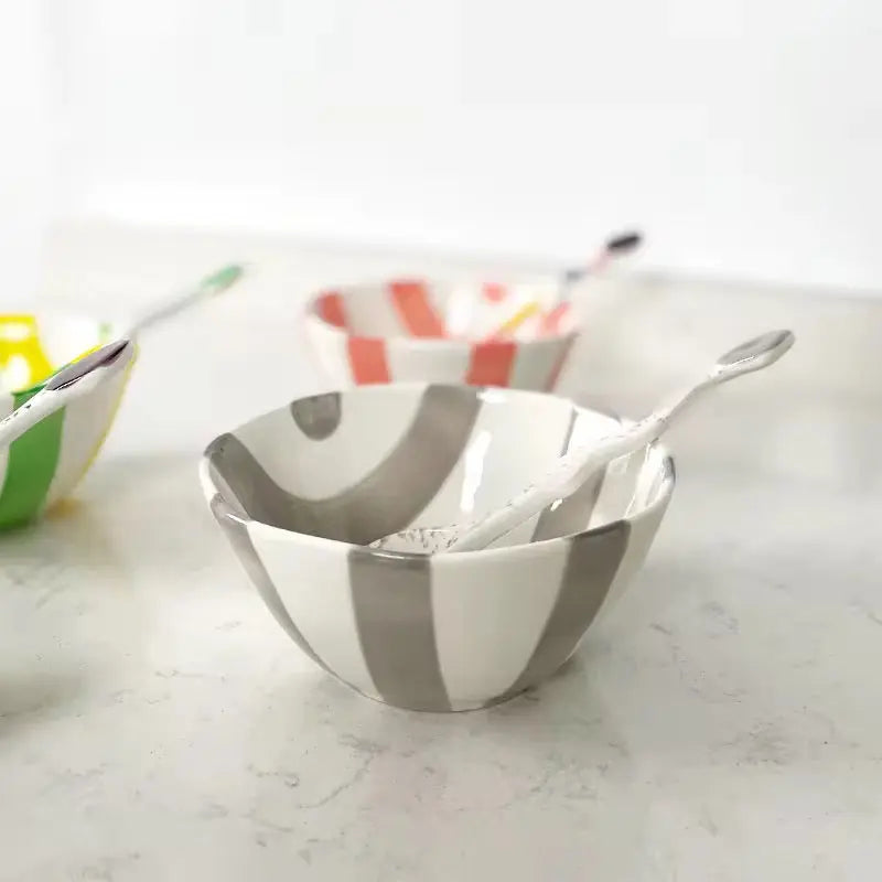 Colorful Striped Ceramic Bowl with Spoon Cute Dessert & Snack Bowl Set Sparkels  Sparkels