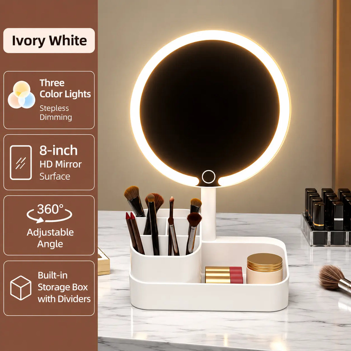 Smart LED Makeup Mirror with Storage Organizer 3 Color Lights