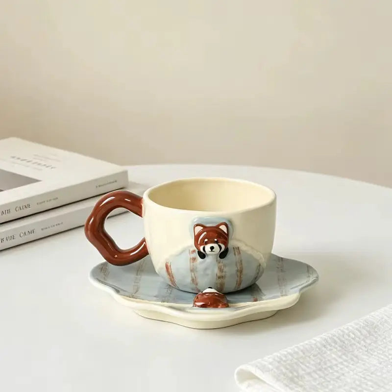 Cute Raccoon Ceramic Coffee Cup with Matching Saucer