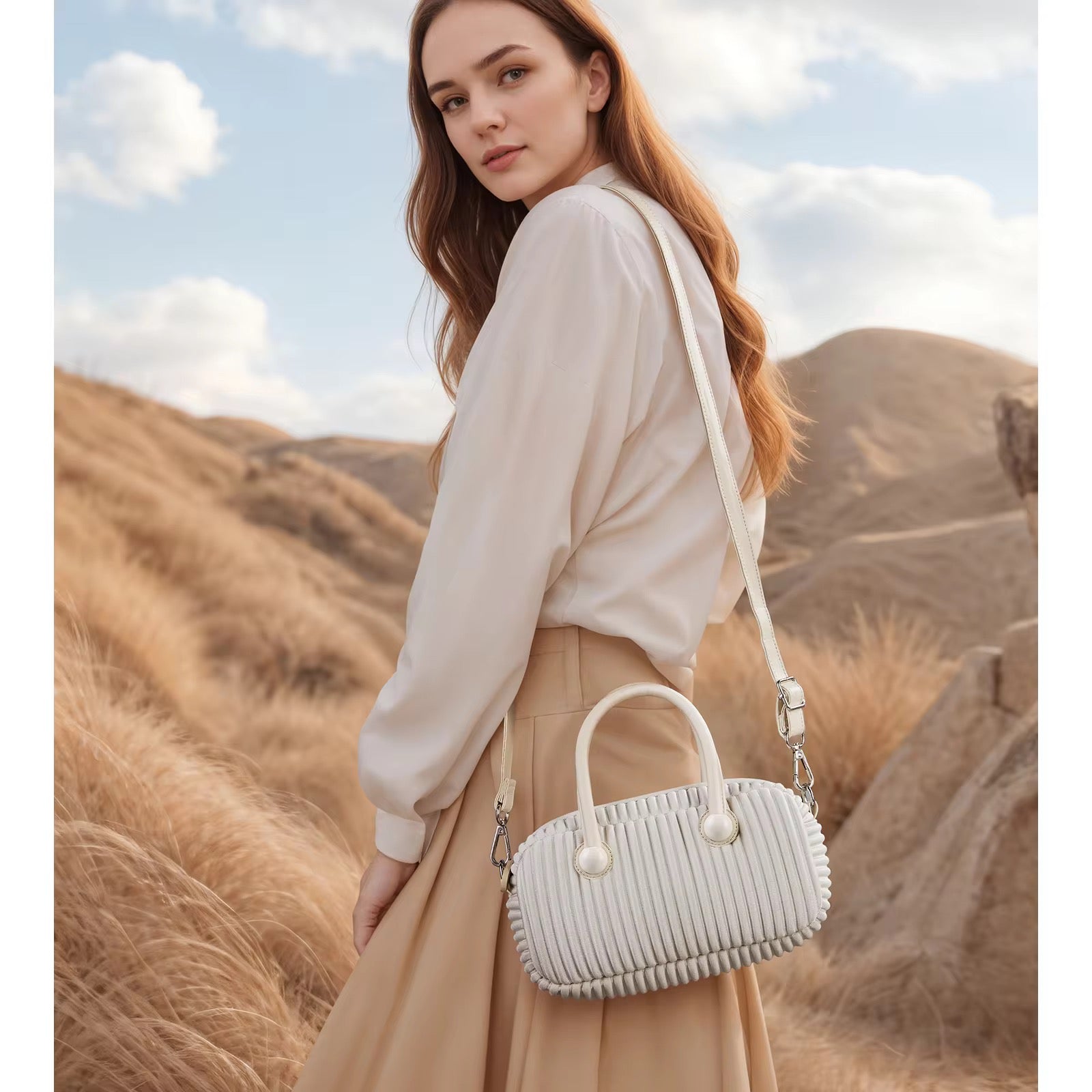 Pleated Pearl Handle Handbag Elegant & Lightweight Crossbody Purse
