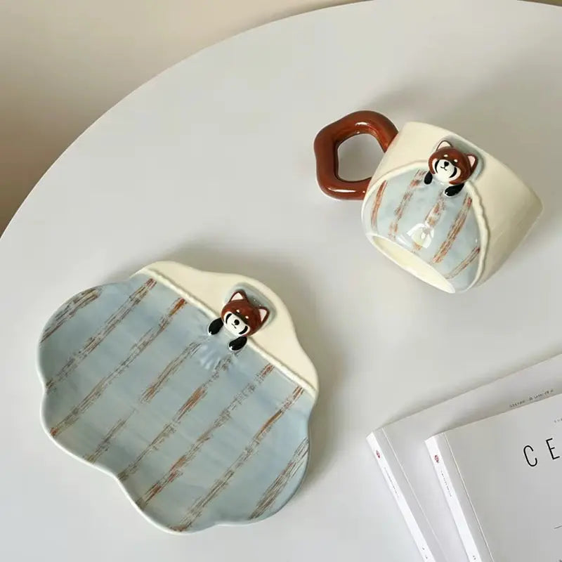 Cute Raccoon Ceramic Coffee Cup with Matching Saucer